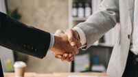 Two confident business man shaking hands during a meeting in the office, success, dealing, greeting and partner in sun light