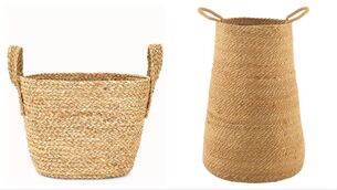 <p>Left, the Penneys wicker-handle basket,€8, right, the Weavins jute basket, €72.</p>