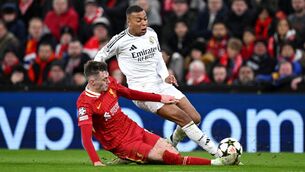 <p>IRISH ROVER: Kylian Mbappe is challenged by Conor Bradley during the UEFA Champions League 2024/25 League Phase MD5 match.  Pic: Justin Setterfield/Getty Images.</p>