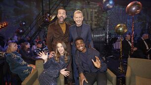 <p>Patrick Kielty with Emmett J. Scanlan, Alisha Weir, and Clinton Liberty. Picture: Andres Poveda</p>