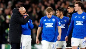 <p>BLACK AND BLUE: Rangers manager Philippe Clement (left) consoles Ridvan Yilmaz after he missed a penalty in a shoot out defeat to Celtic in the Premier Sports Cup Final at Hampden Park, Glasgow. Pic: Andrew Milligan/PA Wire</p>