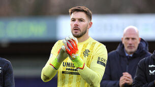 <p>Rangers goalkeeper Jack Butland will miss out against Celtic after suffering an internal bleed to the leg. Picture: Steve Welsh/PA</p>