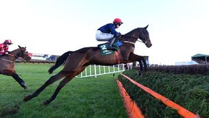 <p>Embassy Gardens &amp; Michael O'Sullivan win the Grade 3 O'Driscoll's Irish Whiskey Steeplechase at Tramore. Picture: Healy Racing</p>