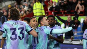 <p>NEW YEAR, NEW ME: Arsenal’s Gabriel Martinelli celebrates with teammates after scoring their side's third goal of the game during the Premier League match at the Gtech Community Stadium, London. Pic: Steven Paston/PA Wire</p>