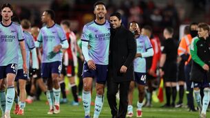 <p>STARTING IT OFF RIGHT: Arsenal manager Mikel Arteta (right) celebrates with William Saliba after their side’s victory in the Premier League match at the Gtech Community Stadium, London. Pic: Steven Paston/PA Wire</p>