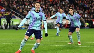 <p>HOW YOU DO IT: Arsenal’s Gabriel Martinelli celebrates scoring their side's third goal of the game during the Premier League match at the Gtech Community Stadium, London. Pict: Steven Paston/PA Wire</p>