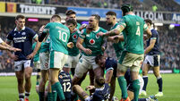 James Lowe celebrates his try with Dan Sheehan, Robbie Henshaw Hugo Keenan, James Ryan and Sam Prendergast 9/2/2025