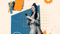 Vertical poster collage young woman blogger social media quality feedback estimate clock alarm time management drawing backgroun