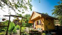 Beautiful flower garden and wooden cabin house
