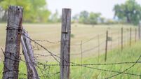 View down a country barbed wire fence