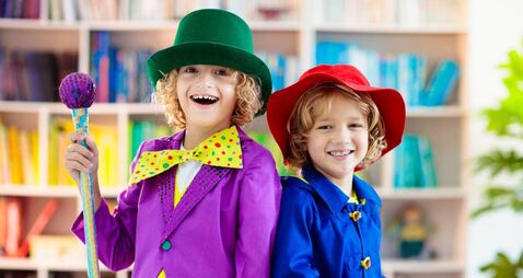 Kids in book character costume. School party.
