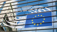 Logo of the European Parliament at the facade of European Parliament building in Leopold Square. August 21, 2015 in Brussels, Be