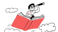 Happy cute child flying on the book on white background.