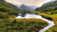 Aerial view of Glendalough ruins in Wicklow Ireland, Aerial view of Glendalough monastery, aerial view of Glendalough upper and