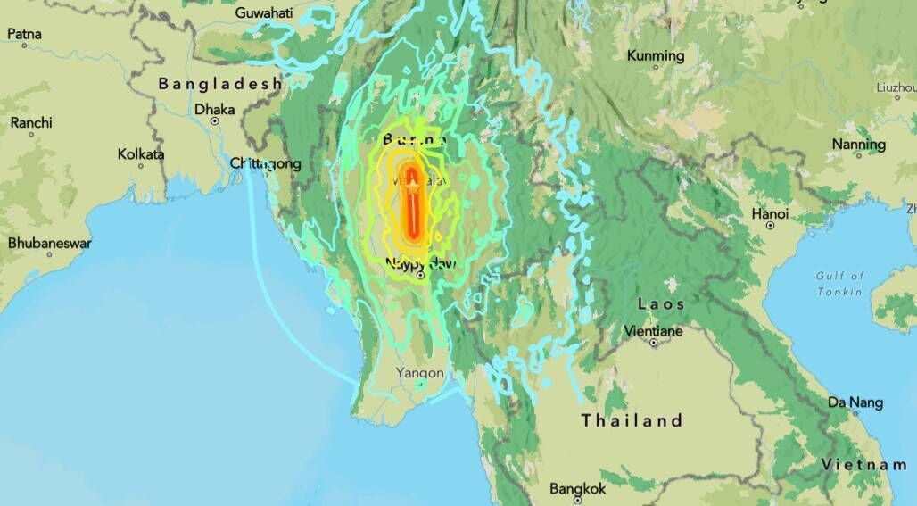 A map of the epicentre and intensity of Friday's earthquake in Myanmar. Picture: US Geological Survey A map of the epicentre and intensity of Friday's earthquake in Myanmar. Picture: US Geological Survey