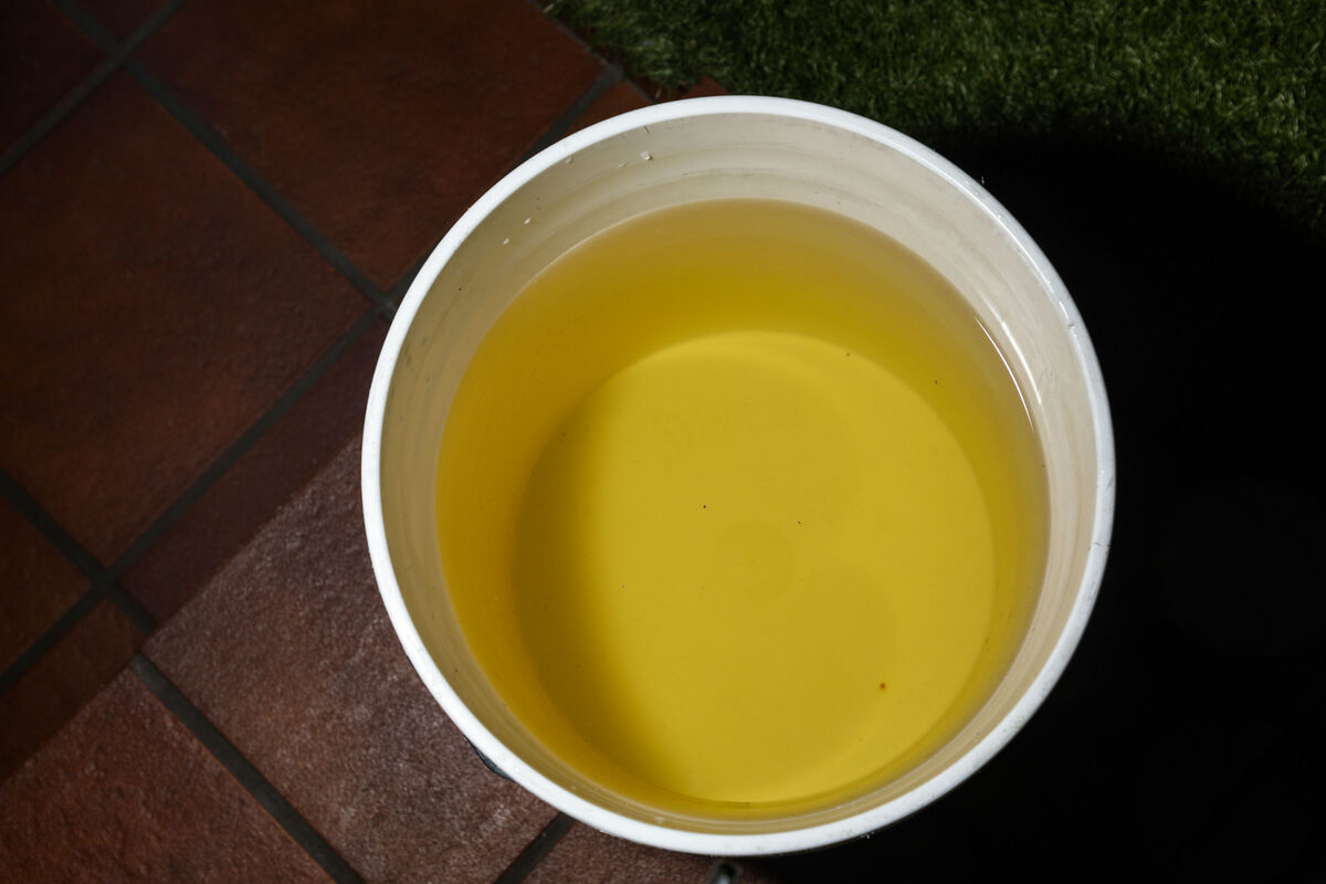 A sample of the discoloured water from the tap at Desislava Petkova's bakery studio. A sample of the discoloured water from the tap at Desislava Petkova's bakery studio.