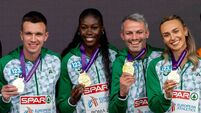 Chris O’Donnell, Rhasidat Adeleke, Tom Barr and Sharlene Mawdsley celebrate with their gold medals 8/6/2024