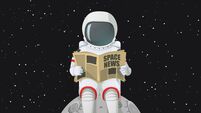 Astronaut sitting on the moon reading newspaper.