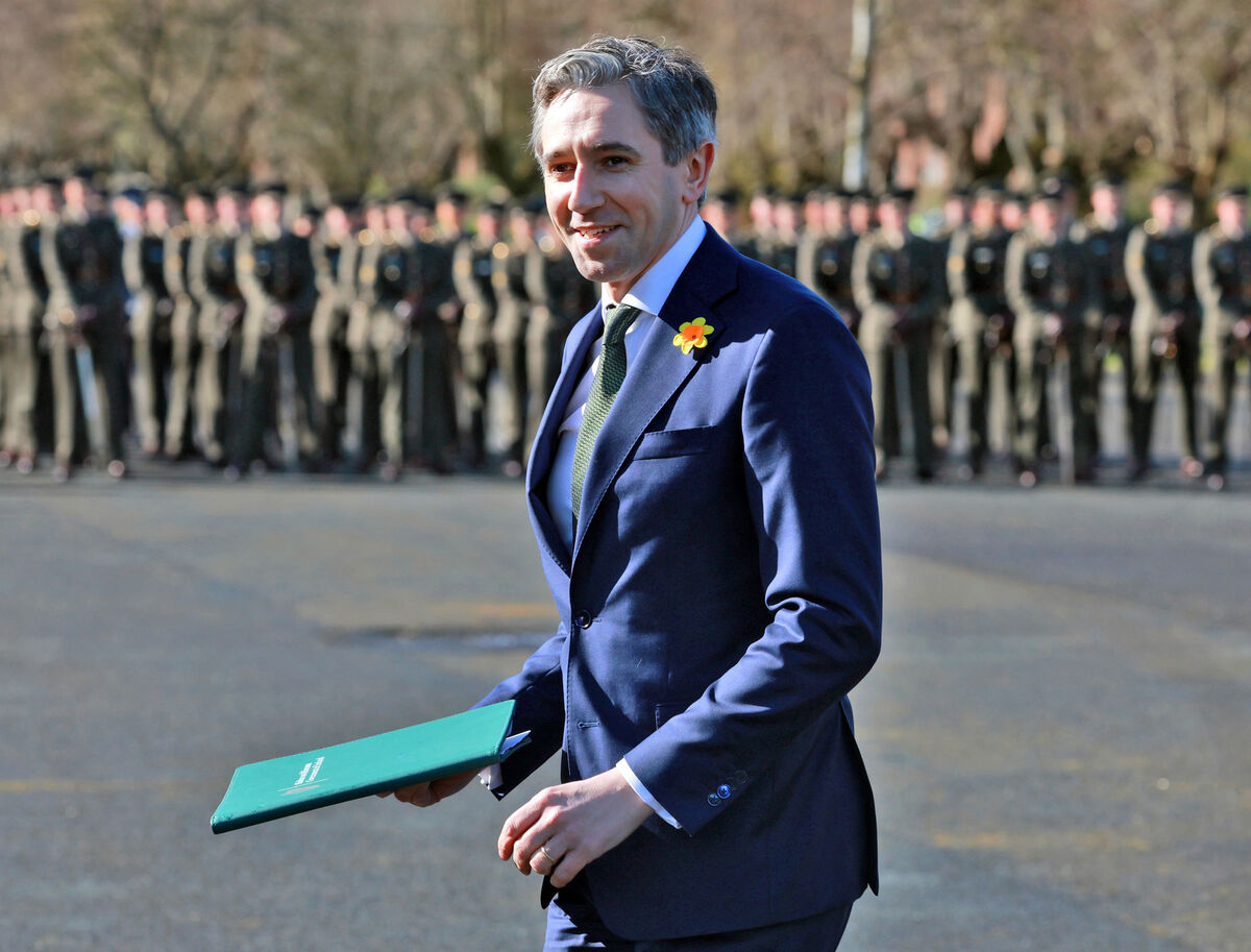 Tánaiste and Minister for Defence, Simon Harris, pictured at a Commissioning Ceremony of the 100th Cadet Class & the 12th Potential Officers Class in the Defence Forces Training Centre, The Curragh, Co. Kildare. Picture: Colin Keegan, Collins Dublin. Tánaiste and Minister for Defence, Simon Harris, pictured at a Commissioning Ceremony of the 100th Cadet Class & the 12th Potential Officers Class in the Defence Forces Training Centre, The Curragh, Co. Kildare. Picture: Colin Keegan, Collins Dublin.